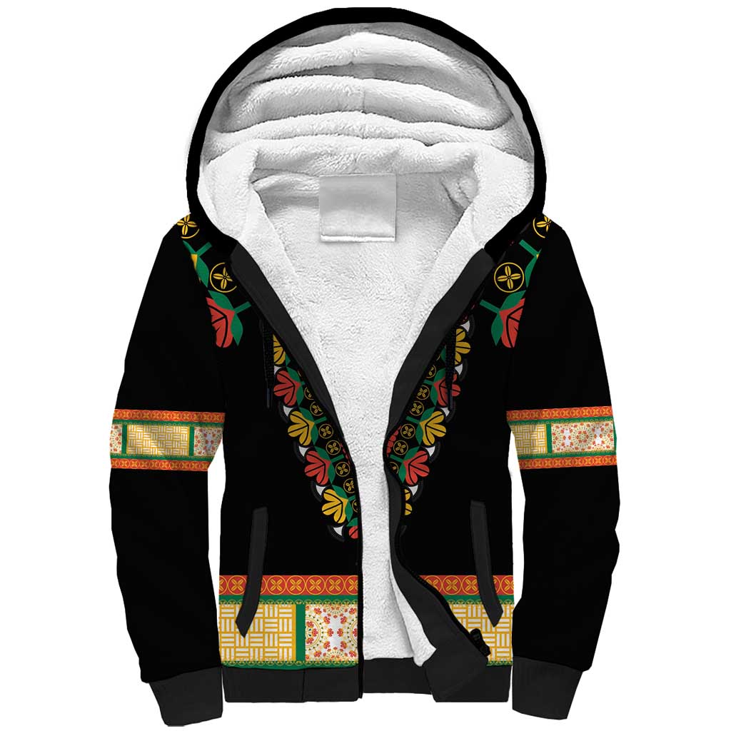 Africa Dashiki Sherpa Hoodie Embroidery Neckline Floral Pattern - Wonder Print Shop