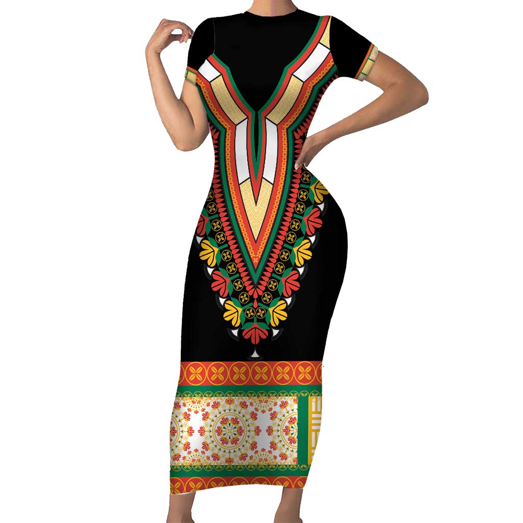 Africa Dashiki Short Sleeve Bodycon Dress Embroidery Neckline Floral Pattern - Wonder Print Shop