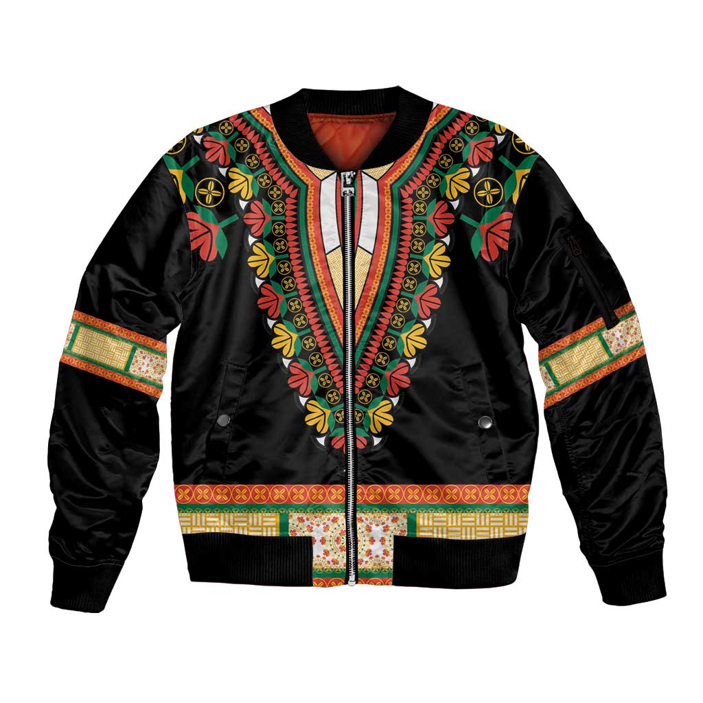 Africa Dashiki Sleeve Zip Bomber Jacket Embroidery Neckline Floral Pattern - Wonder Print Shop