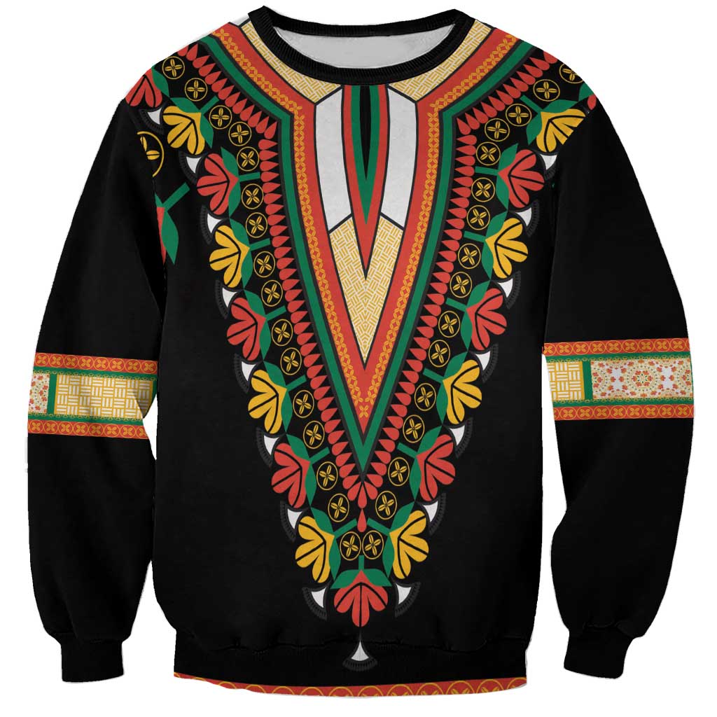 Black dashiki sweatshirt with embroidered V neckline floral pattern