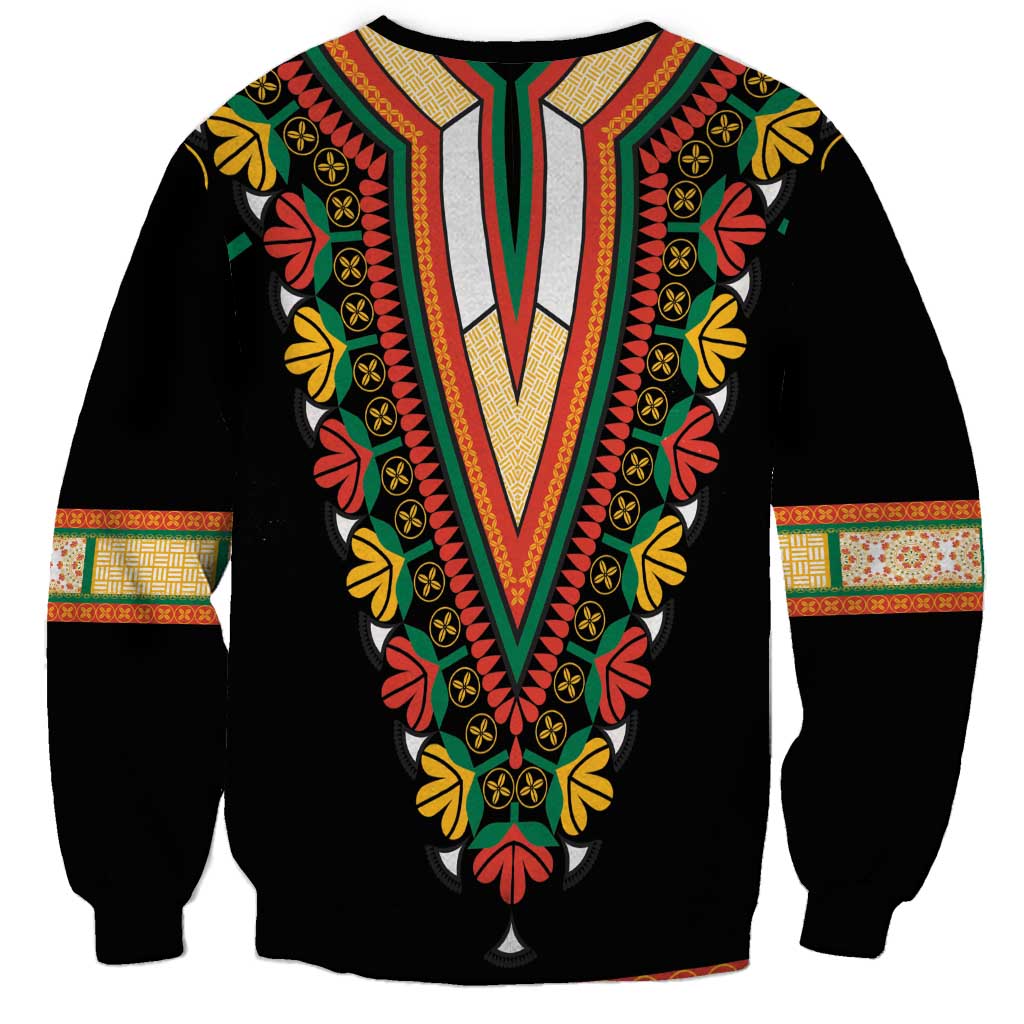 Black dashiki sweatshirt with colorful floral embroidery along V neckline