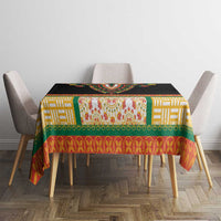 Black tablecloth with multicolor geometric and floral stripes, centered on table