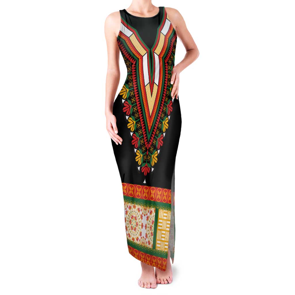 Africa Dashiki Tank Maxi Dress Embroidery Neckline Floral Pattern - Wonder Print Shop