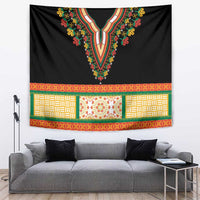 Black tapestry with colorful floral V-shaped dashiki neckline embroidery and patterned border