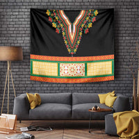 Black wall tapestry featuring multicolor floral V neckline and striped patterned hem border