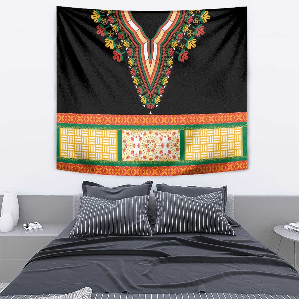 Black tapestry with embroidered floral V neckline and orange teal geometric patterned band