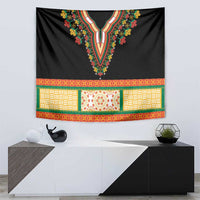 Black dashiki-style tapestry with colorful floral V neckline and horizontal patterned trim