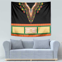 Black tapestry wall hanging with embroidered floral V neckline and ornate orange geometric border