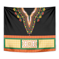 Black tapestry with colorful floral V-shaped neckline embroidery and multicolor patterned hem