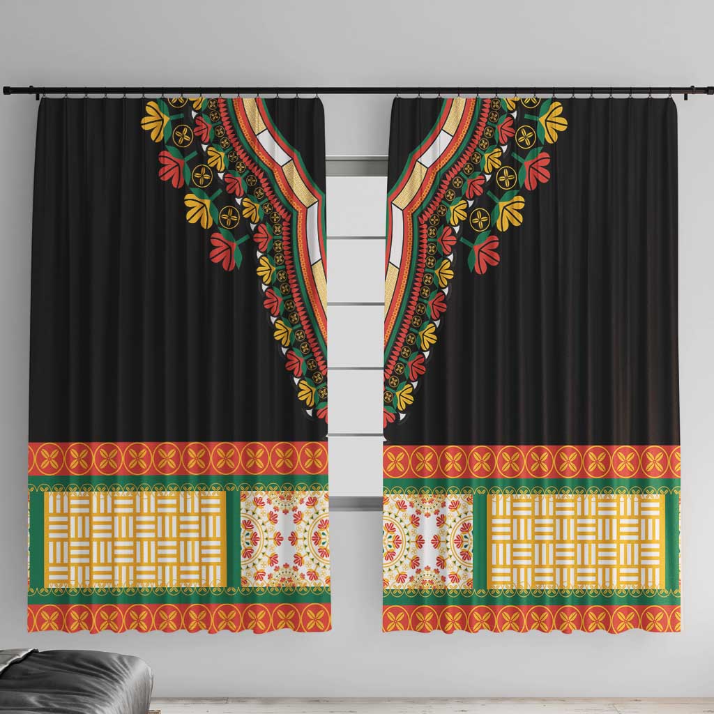 Pair of black embroidered window curtains with colorful floral neckline-style trim
