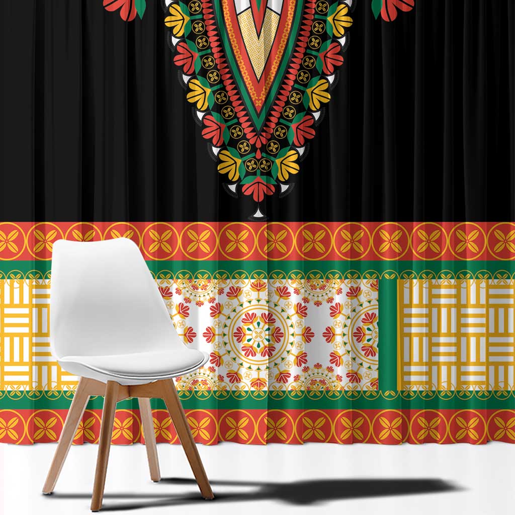 Black embroidered window curtain with colorful floral and geometric border panel designs