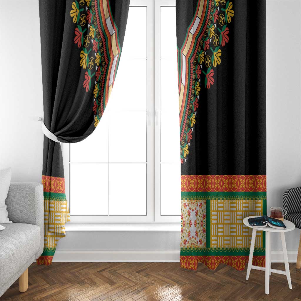 Black embroidered curtain panels framing a white door, colorful floral trim near hem