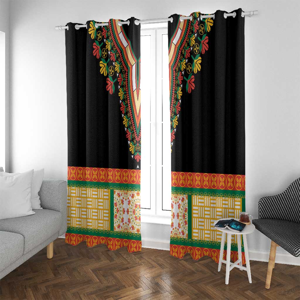 Black embroidered window curtains with multicolor floral, geometric bands, and patterned panels