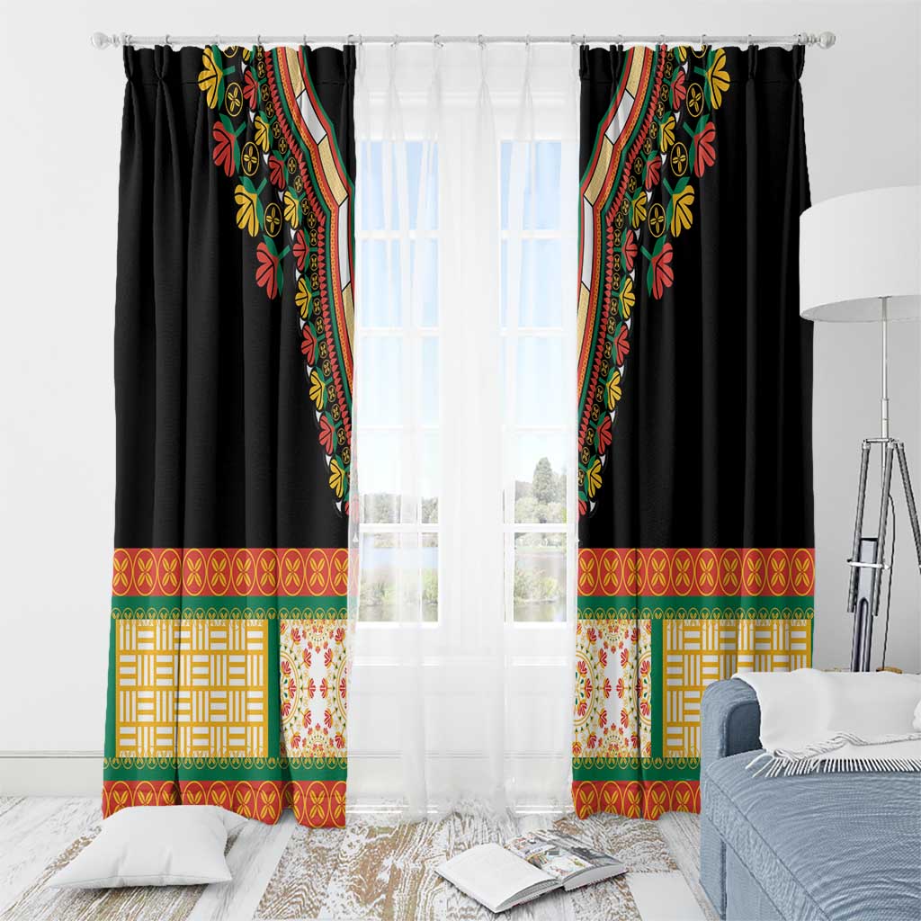Black embroidered window curtain pair with colorful floral motifs and geometric hem border