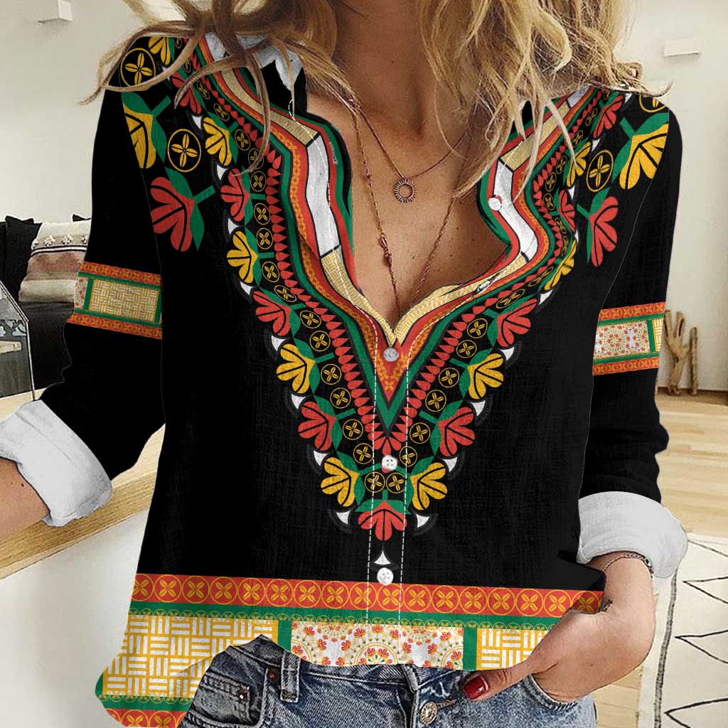 Africa Dashiki Women Casual Shirt Embroidery Neckline Floral Pattern