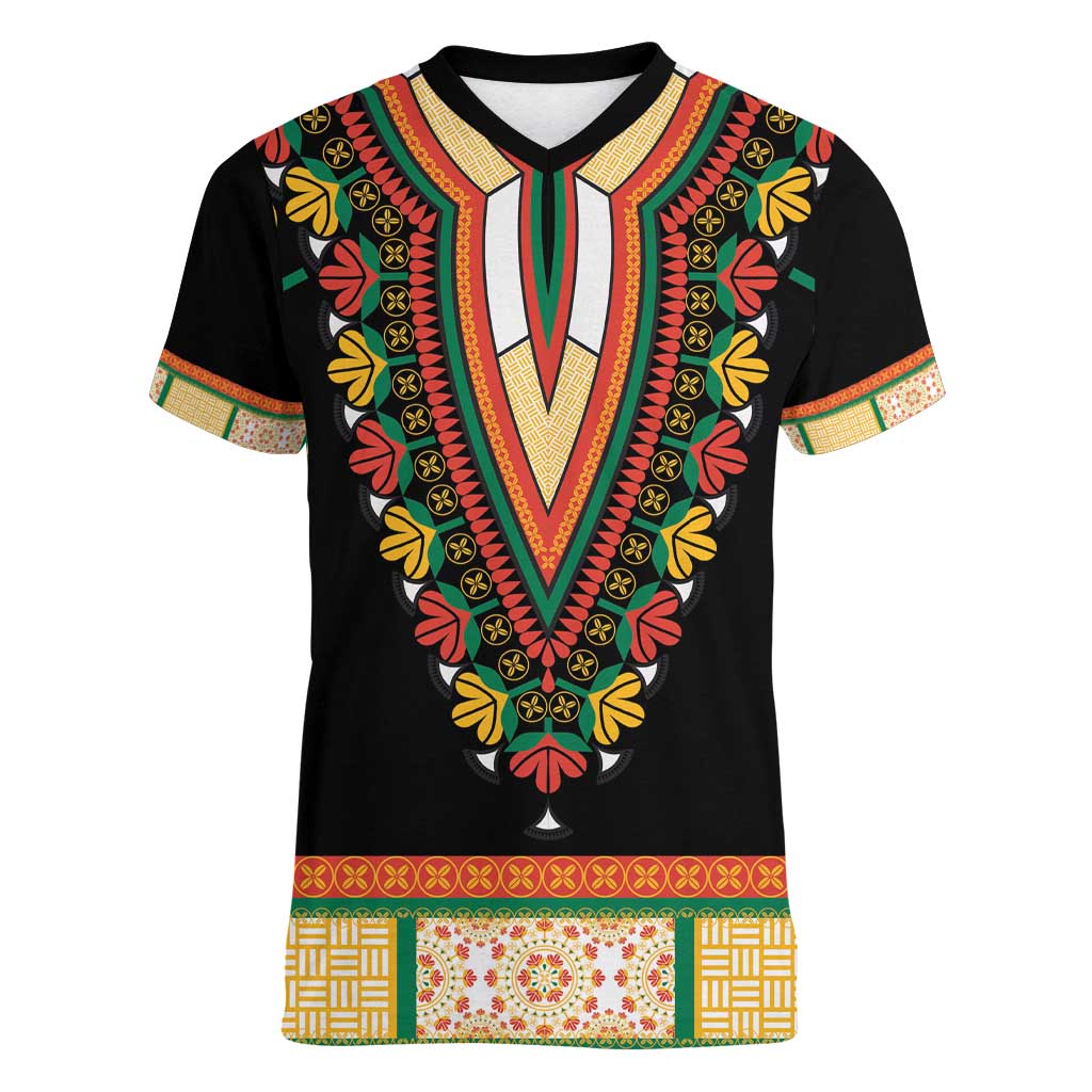 Africa Dashiki Women V-Neck T-Shirt Embroidery Neckline Floral Pattern - Wonder Print Shop