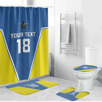 Blue and yellow shower curtain with crest emblem and “YOUR TEXT 18” design