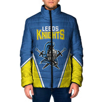 Blue padded jacket with yellow contrast sleeves and front zip, Knights graphic