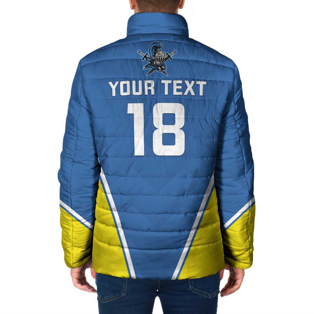 Blue padded jacket back view with number 18 and Knights emblem, full zip