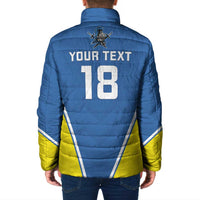 Blue padded jacket back view with number 18 and Knights emblem, full zip