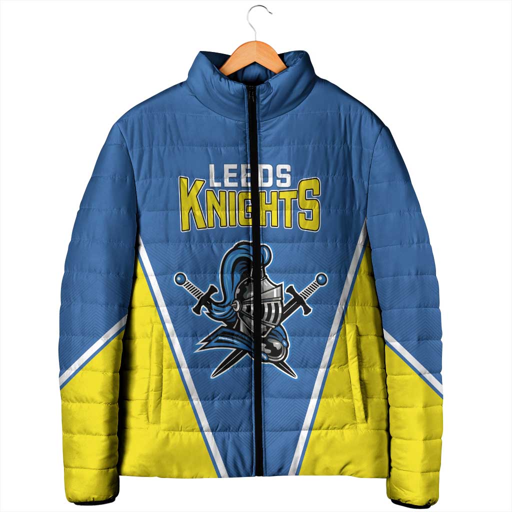 Blue and yellow padded jacket with standing collar and front zip, Leeds Knights logo