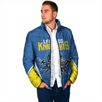 Blue padded jacket with yellow cuffs, front Knights graphic and full zip, side view