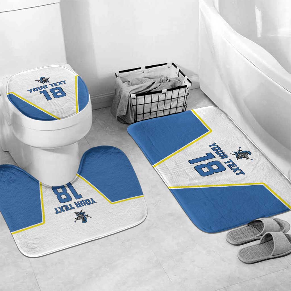 Set of blue and white bath mats with yellow trim plus a matching toilet lid cover, text 18