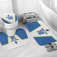 Set of blue and white bath mats with yellow trim plus a matching toilet lid cover, text 18