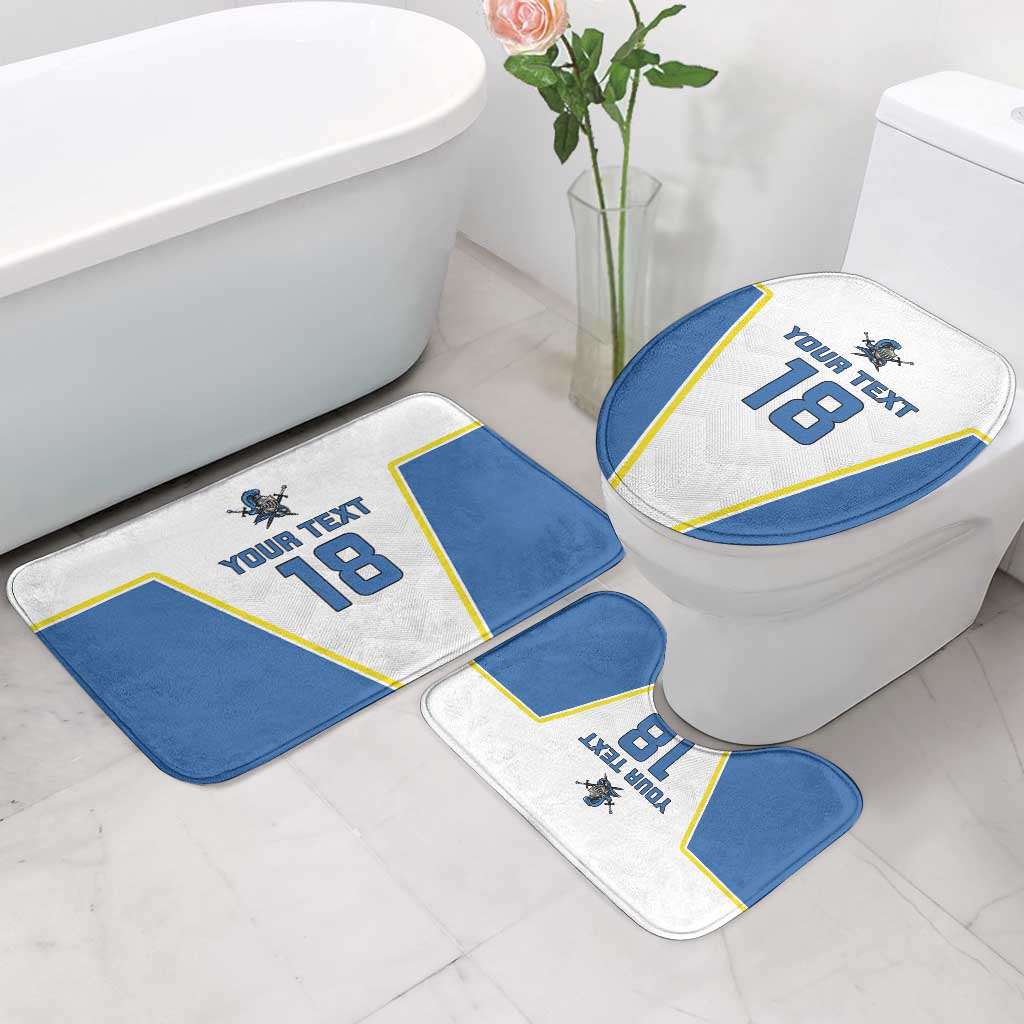 Blue and white bath mat set with yellow trim around a toilet, custom text 18