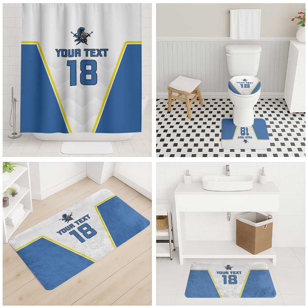 White shower curtain and blue-white bath mats with yellow trim, custom text 18