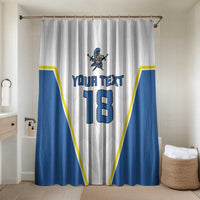 White shower curtain with blue side panels and custom text 18, hanging for bathroom
