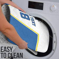Blue and white bath mat with yellow trim for easy cleaning, custom text 18