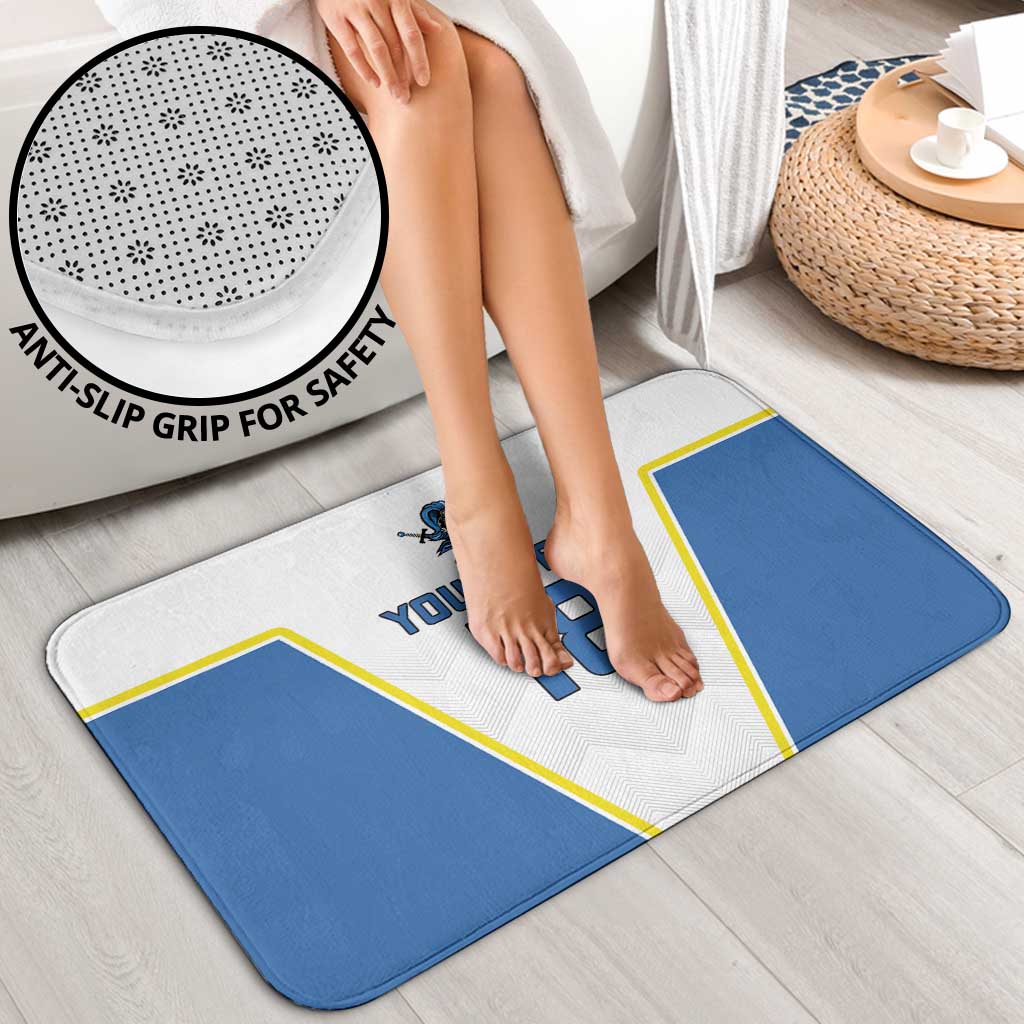 Blue and white anti-slip bath mats with yellow trim, custom text 18