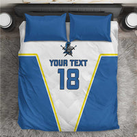 Blue-and-white bedding set with two pillows; “YOUR TEXT” and number 18 graphic