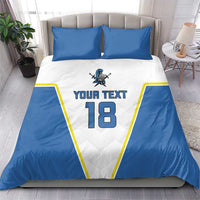 Blue-and-white duvet set with two pillows, “YOUR TEXT” and number 18 front design