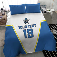 Blue-and-white bedding set featuring “YOUR TEXT” and number 18 with knight emblem