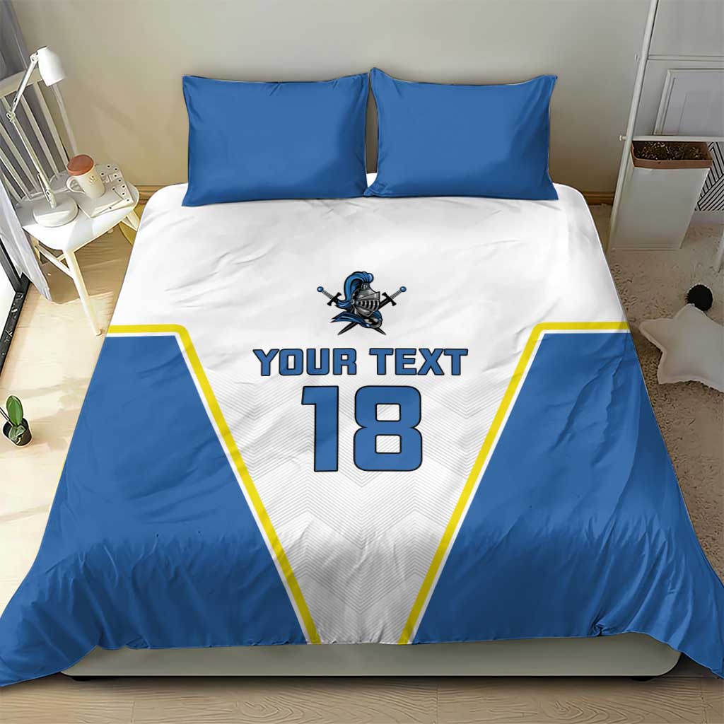Blue-and-white duvet set with two blue pillows; “YOUR TEXT” and number 18 design