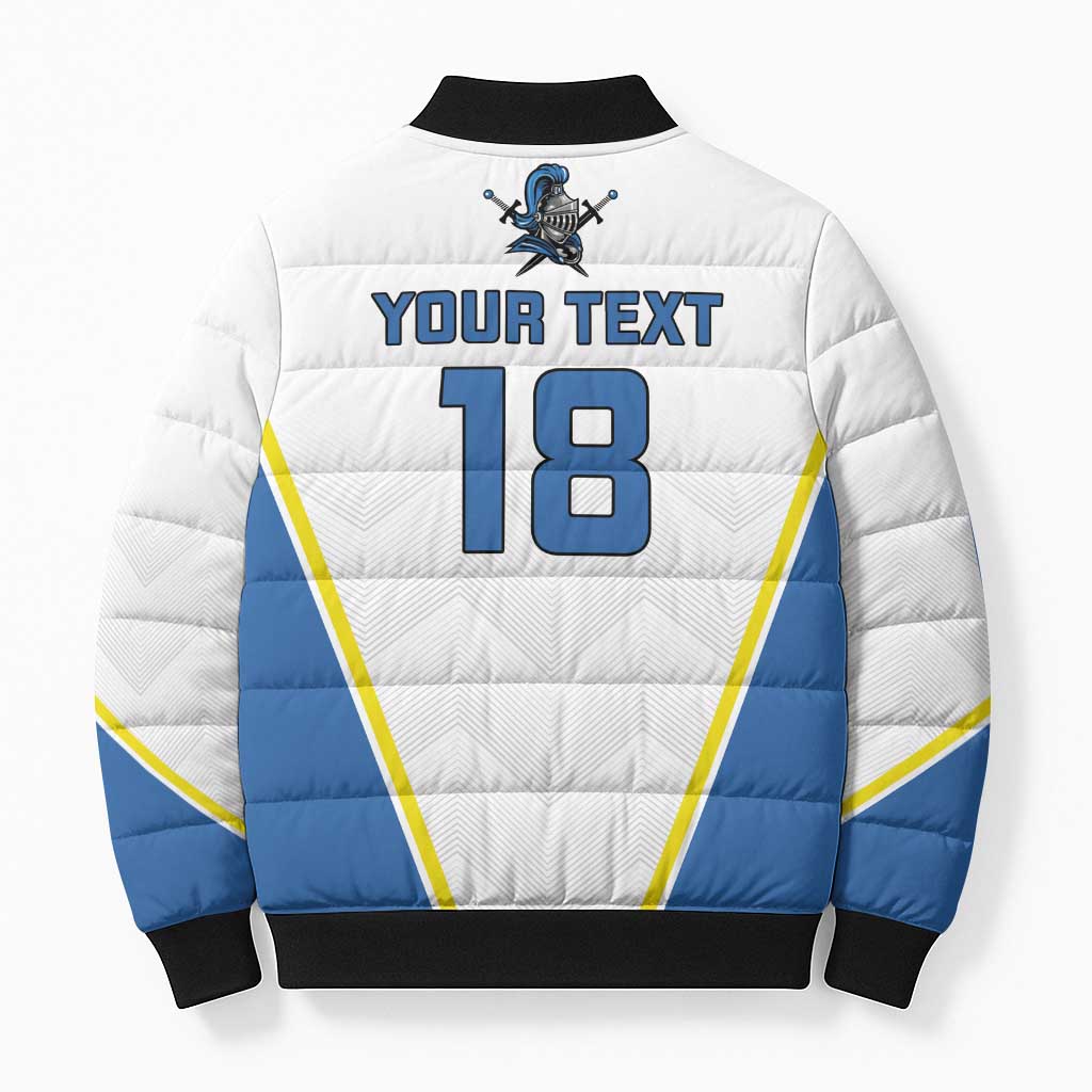 White and blue bomber puffer jacket back with 'YOUR TEXT 18' print, black rib hem and cuffs