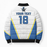 White and blue bomber puffer jacket back with 'YOUR TEXT 18' print, black rib hem and cuffs