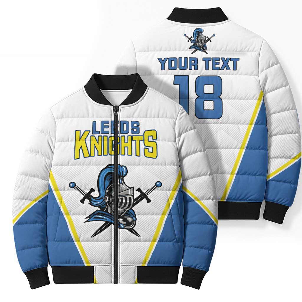 White and blue bomber puffer jacket front and back, full zip, black rib trim, Knights graphic