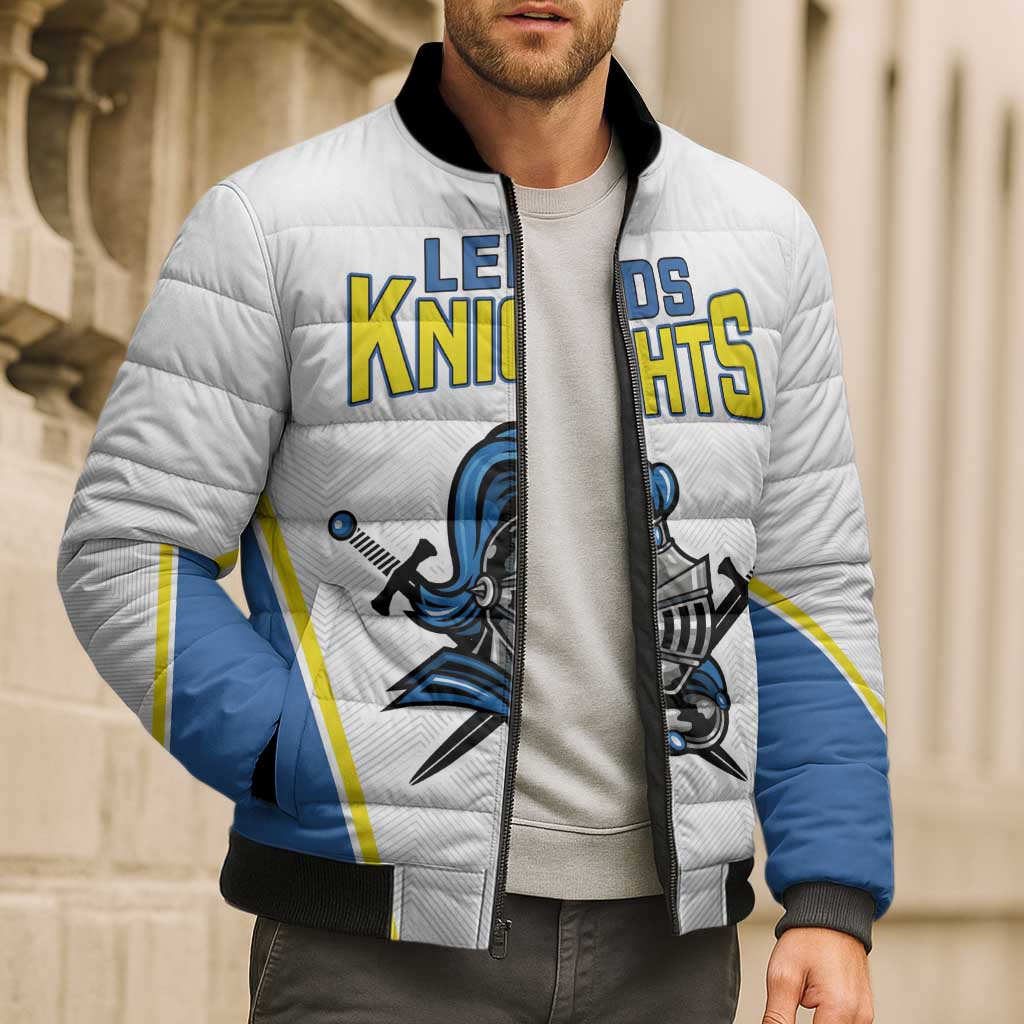 White and blue bomber puffer jacket with black rib collar and cuffs, front Knights graphic, full zip