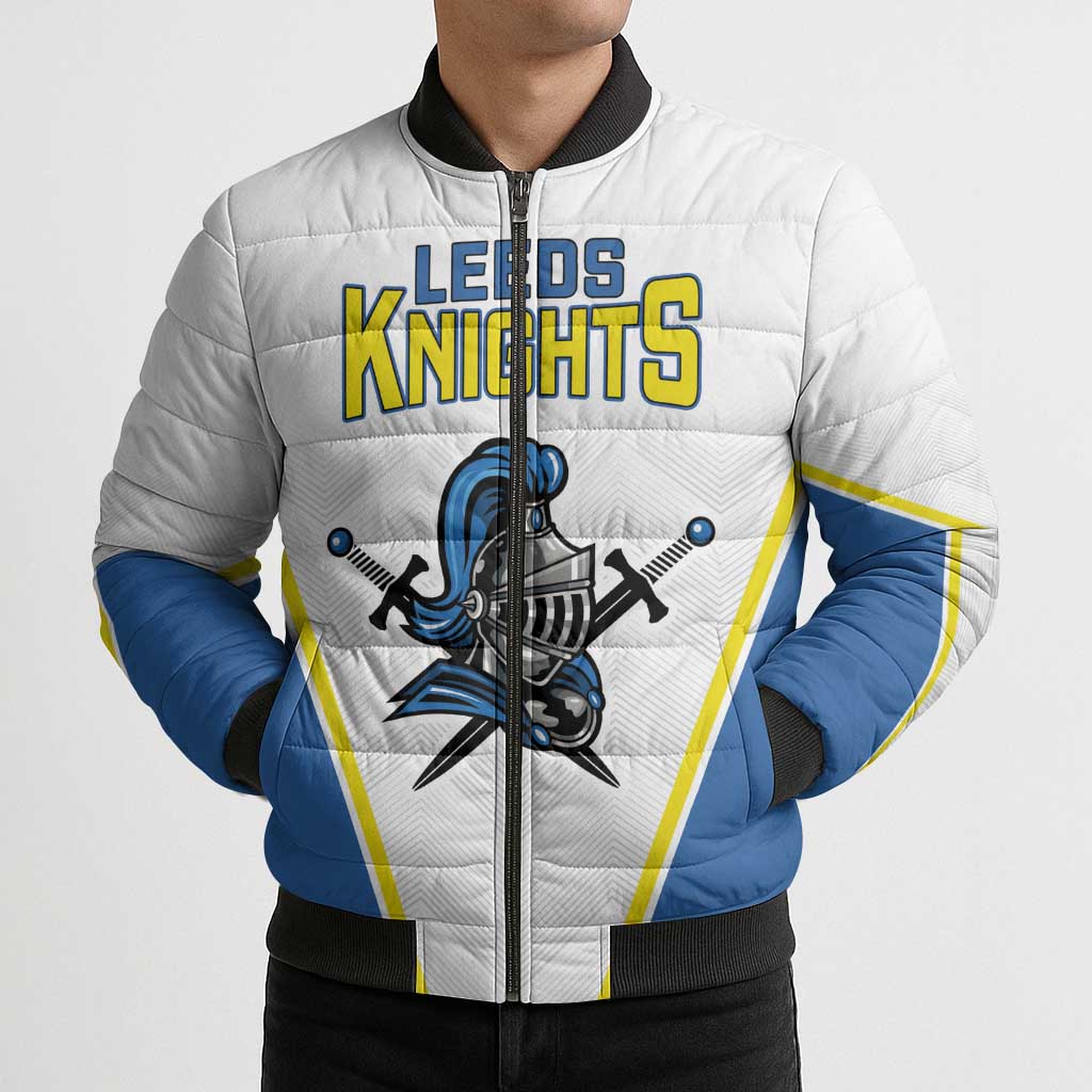 White and blue bomber puffer jacket with black rib trim, full zip, Leeds Knights crest art