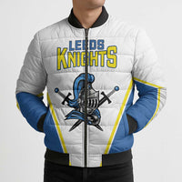 White and blue bomber puffer jacket with black rib trim, full zip, Leeds Knights crest art
