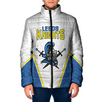 White padded jacket with full zip and stand collar, Leeds Knights front graphic, blue panels