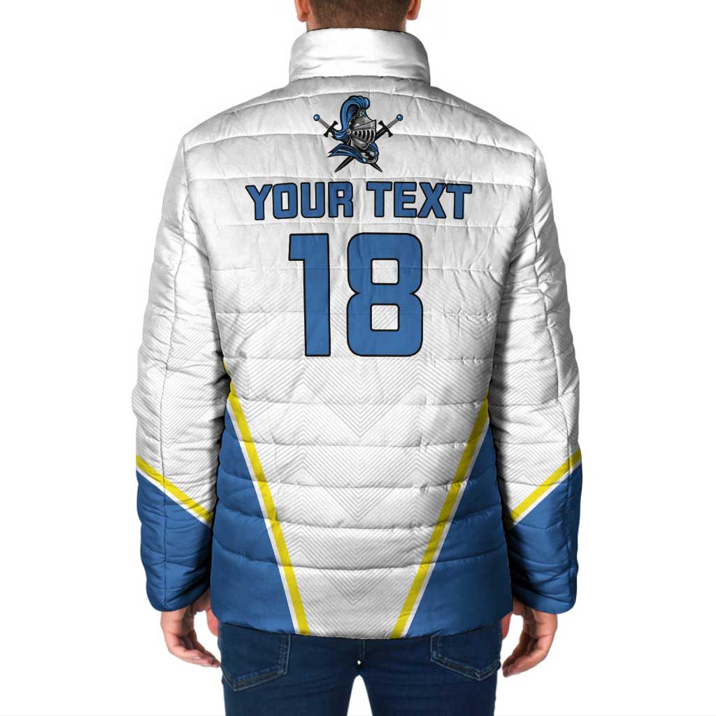 White padded jacket with full zip and stand collar, Your text 18 back graphic, blue panels