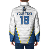 White padded jacket with full zip and stand collar, Your text 18 back graphic, blue panels
