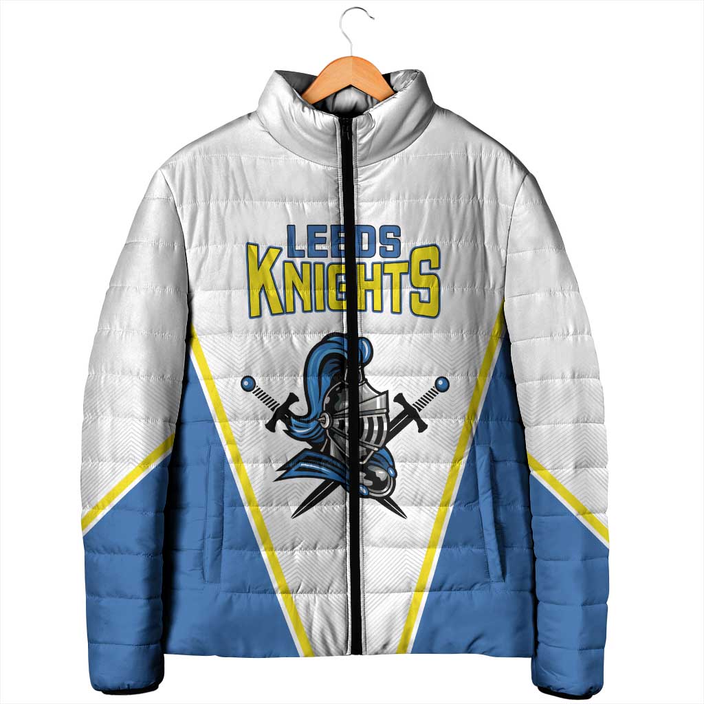 White padded jacket with full zip and stand collar, Leeds Knights front graphic, blue lower sleeves