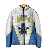 White padded jacket with full zip and stand collar, Leeds Knights front graphic, blue lower sleeves