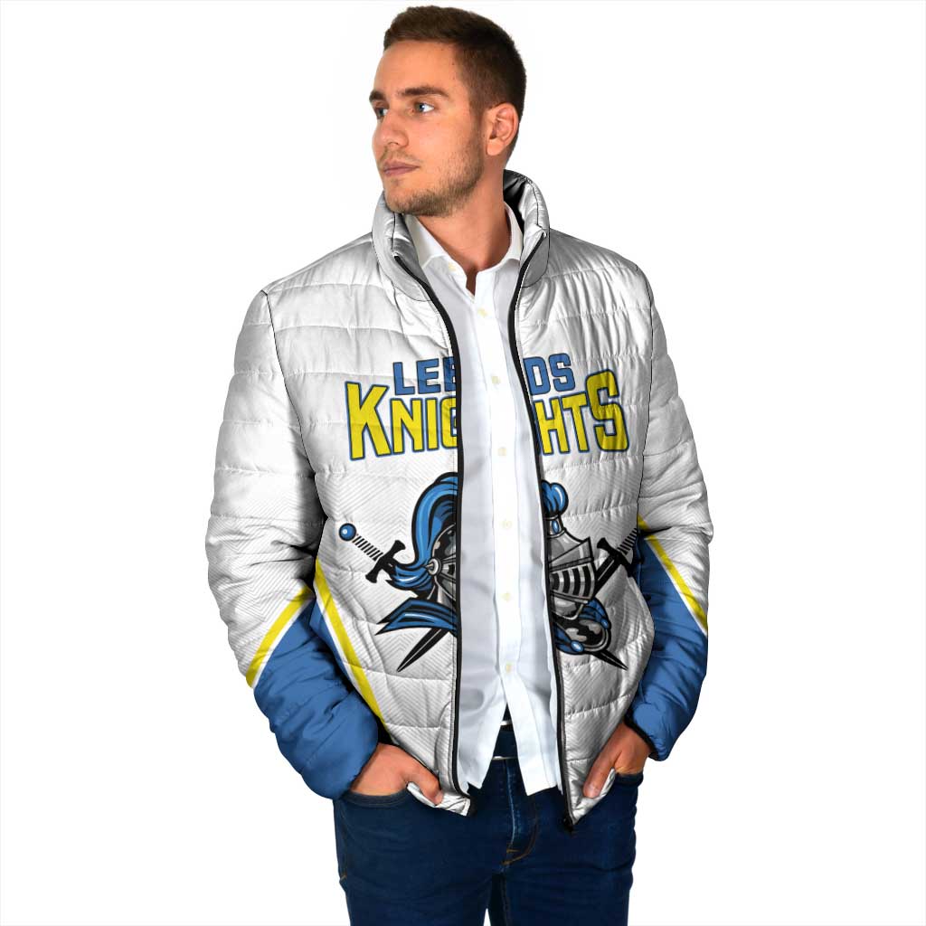 White padded jacket with full zip and stand collar, Leeds Knights front graphic, blue lower side
