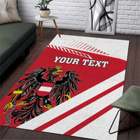 Red and white flag-style area rug featuring a black crest and “YOUR TEXT” banner.